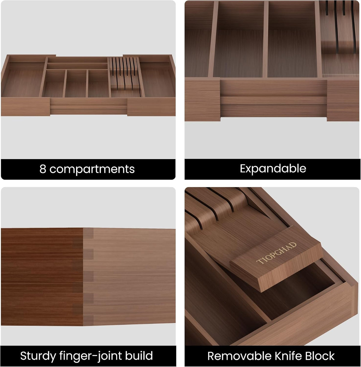 TIOPGHAD Expandable Bamboo Silverware Organizer with Knife Block, Brown