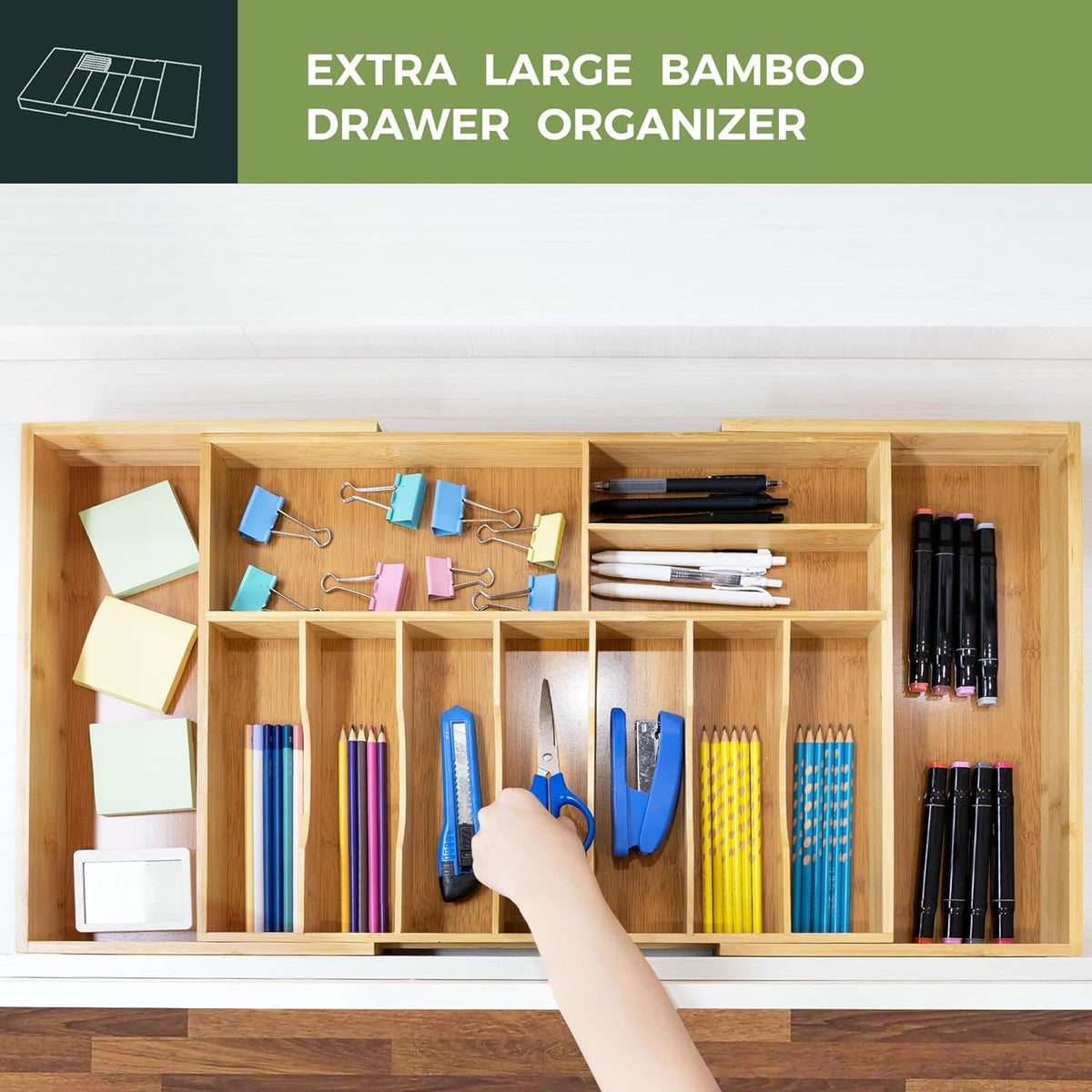VaeFae Extra Large Kitchen Utensil Holder, Bamboo Silverware Drawer Organizer, Expandable Cutlery Organizer with Knife Block, Multifunctional Drawer Divider (10-12 compartments)