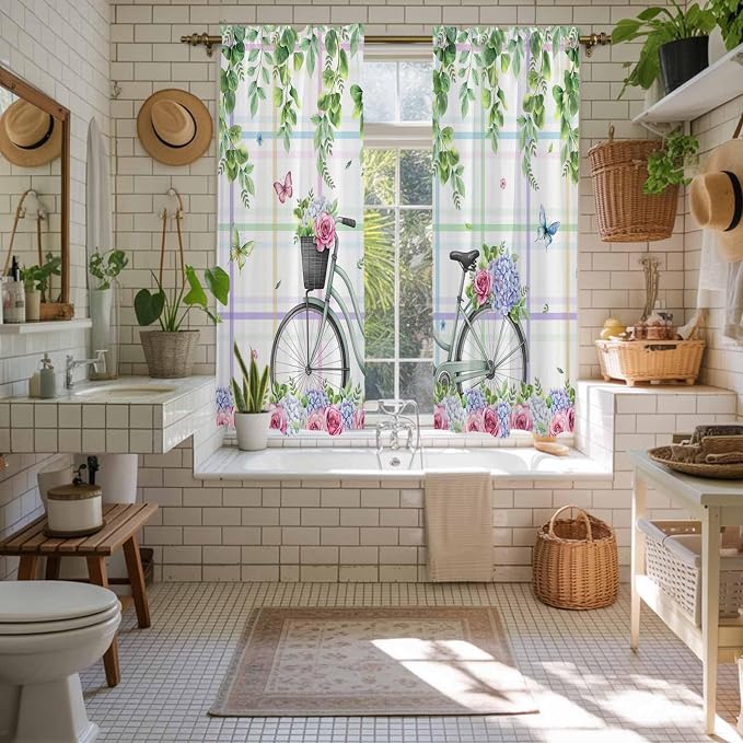 Spring Kitchen Curtains, Bicycles Botanical Leaves Rose Colorful Stripes Light