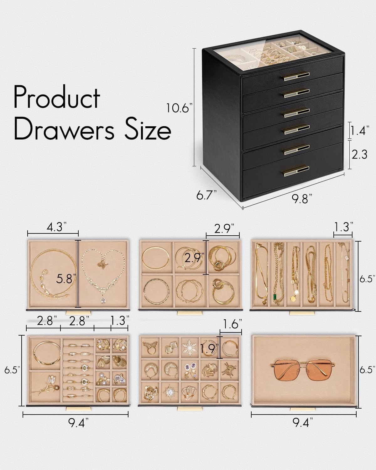 VLANDO 6 Layer Jewelry Box for Women, Glass Lid Jewelry Organizer with 6 Drawers for Necklaces Rings Earrings Bracelets - Black