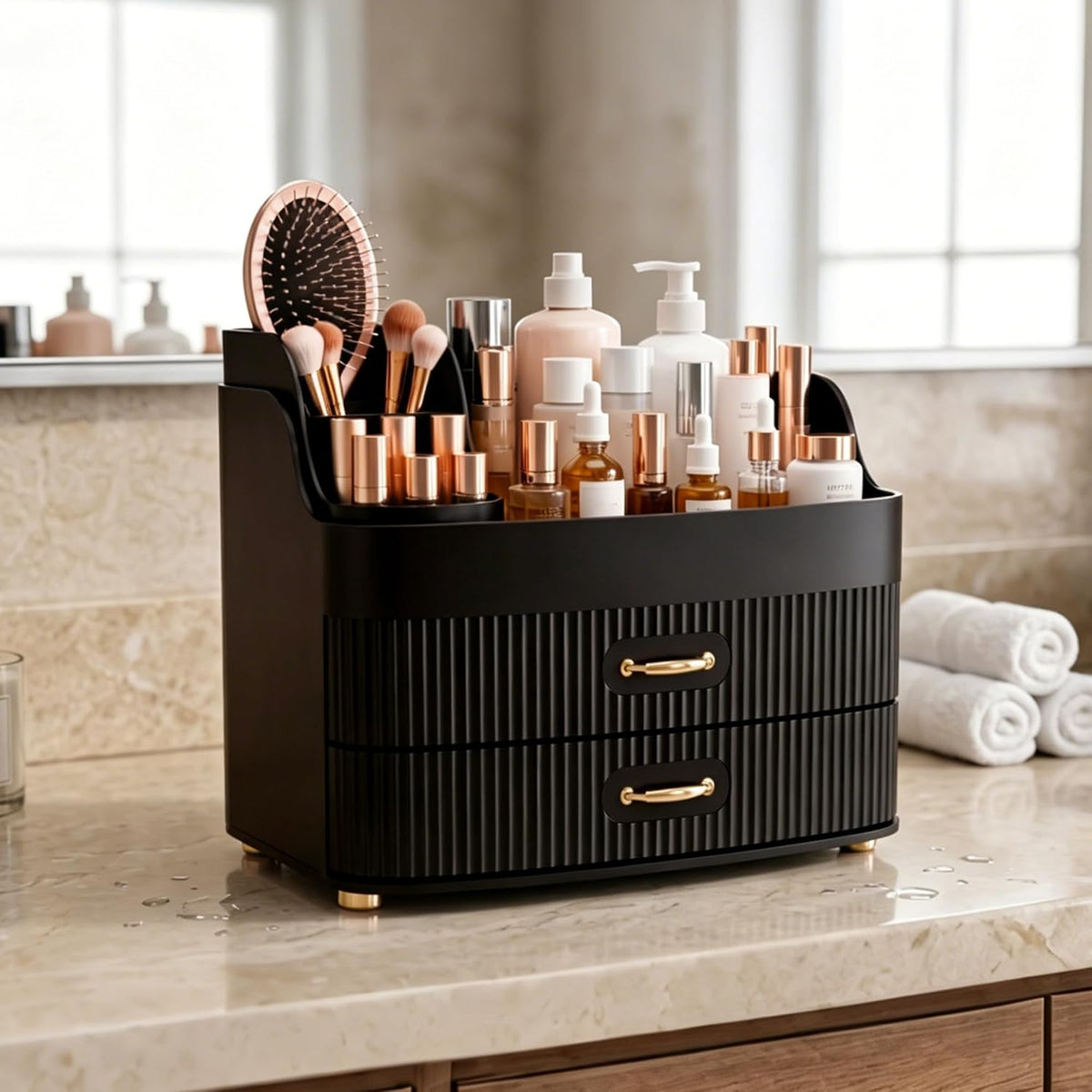 Makeup Organizer for Countertop Vanity Skincare Storage for Perfume Lipstick Bathroom Dresser Desk with Drawers And Brush Holder (Black)
