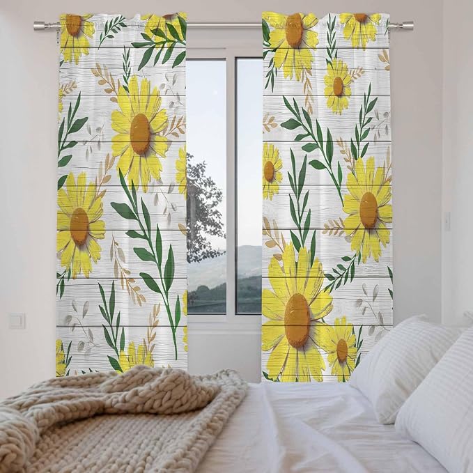 Yellow Daisy Kitchen Curtains, Farmhouse Country Flower Leaf Plant Wood Grain