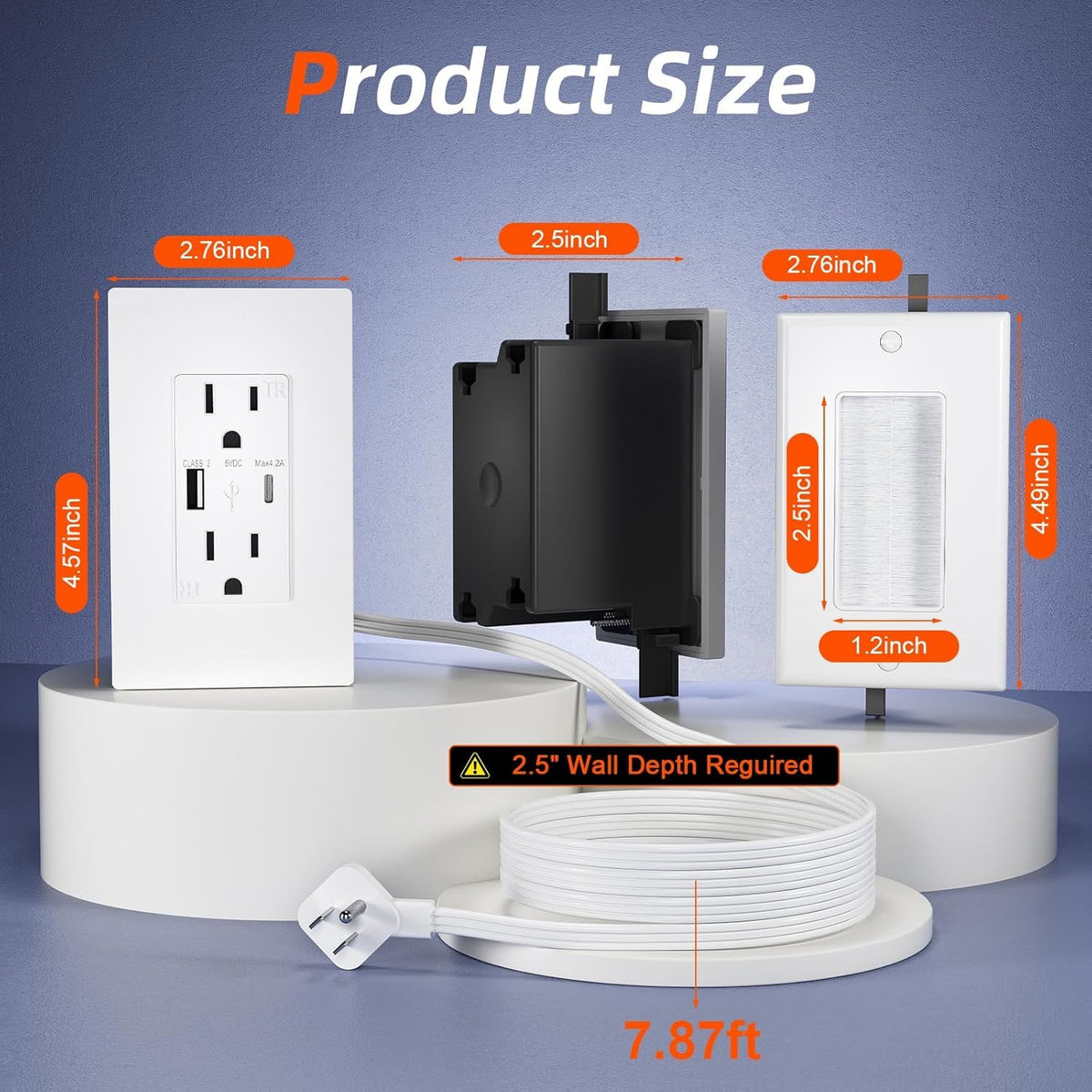 in Wall Cable Management Kit,2AC+USB-a+USB-c,in Wall Power Kit for Unreachable Outlets,7.8ft Outlet Extender for TV,Home Theater,Sofa,Desks,Nightstands