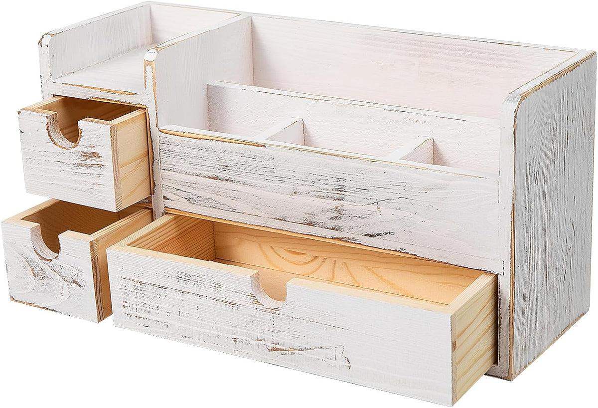 White Wooden Desktop Organizer 3 Removable Drawers Office Supplies Wood Storage Caddy Box Stationery Pencil Multiple Cabinet Slots Mail Holder Note Pads Accessories Home Makeup Tools Cosmetics