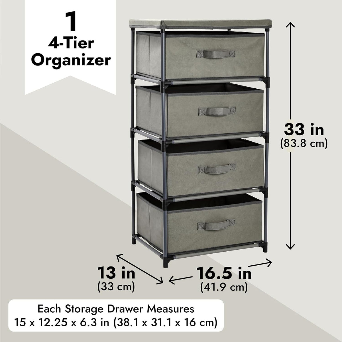 Juvale 4-Tier Dresser for Office - 16.5 in x 13 in x 33 in, Light Gray Fabric, 4 Drawers - Narrow Organizer with Storage Drawers - Steel Frame & Easy Assembly