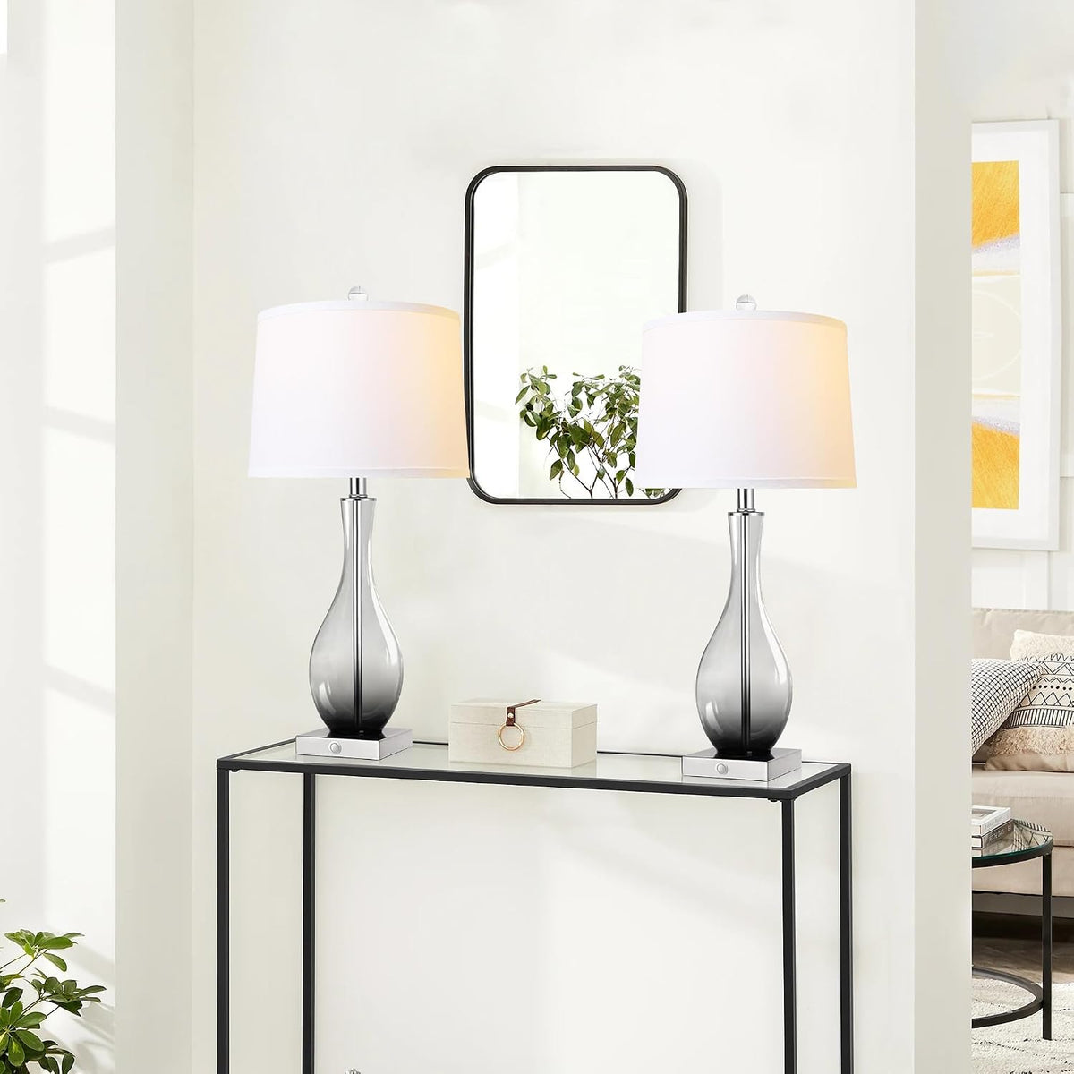 27" Glass Table Lamps with USB Ports, Touch Bedside Desk Lamps Set of 2