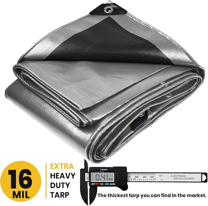 PROTARP Extra Heavy Duty 16 Mil Tarp Cover, Waterproof, UV Resistant, Rip and Tear Proof, Poly Tarpaulin with Reinforced Edges for Roof, Camping, Patio, Pool, Boat. (Silver/Black 24′ X 36′)