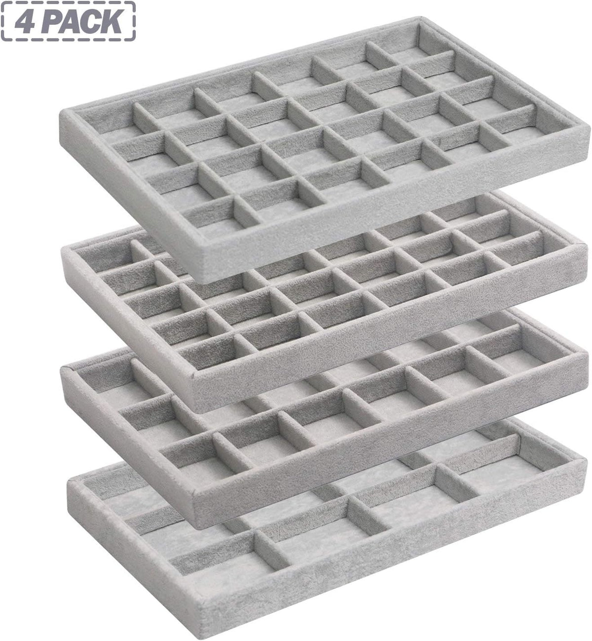 DIOMMELL Set of 4 Stackable Velvet Jewelry Trays Organizer, Jewelry Display Storage Box Showcase Holder Dresser Drawer Organizer for Earring Necklace Bracelet Ring Accessary, Grey