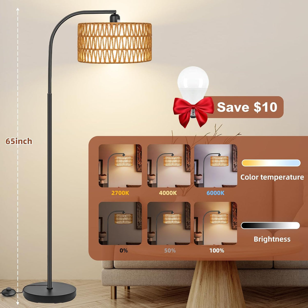Rattan Floor Lamps for Living Room with Dimmable 9W LED Bulb Farmhouse