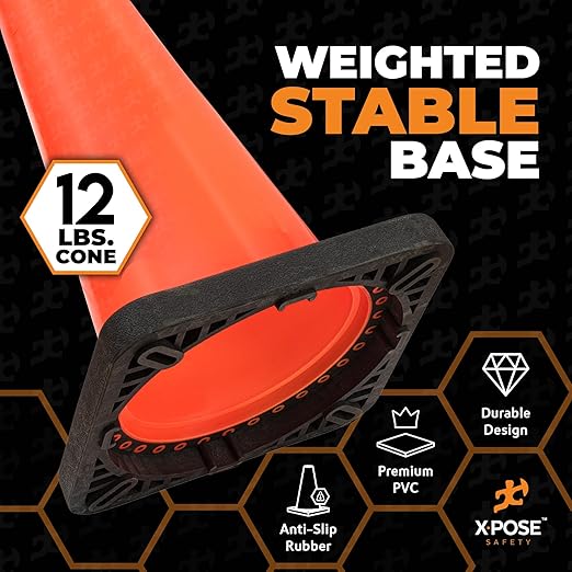 Xpose Safety 36 Inch Orange Traffic Cones Heavy Duty 12lb, 24-Pack - Multipurpose PVC Plastic Safety Cone for Parking, Soccer, Caution, Kids and Construction - DOT Approved