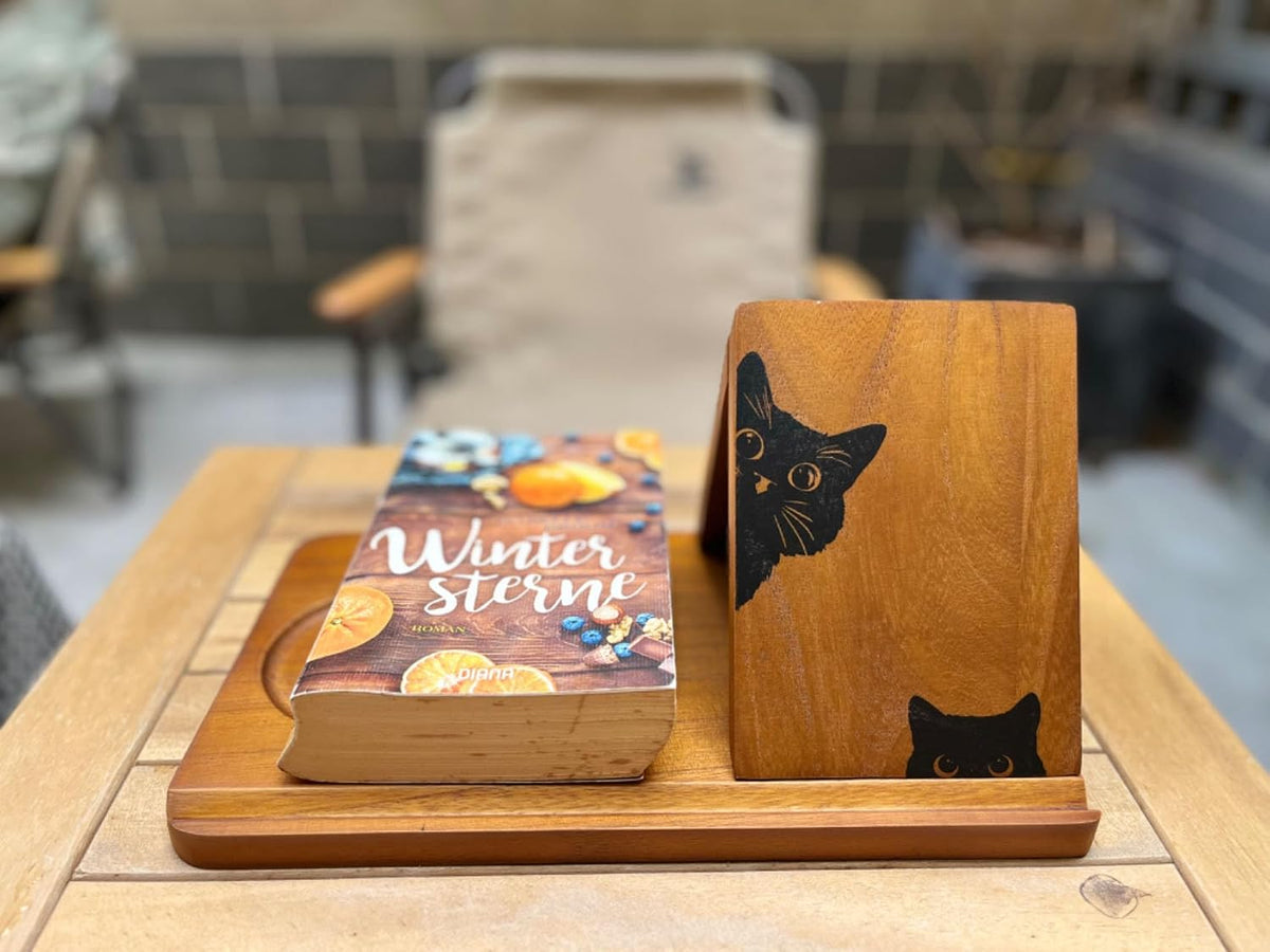 Wooden Book Stand, Triangle Book Holder, Small Bookshelf, Black Cat Book Rest with Cup Holder, for Reading or Desktop Decoration, Coffee and Book Lovers Father's Day Gifts for Dad & Husband