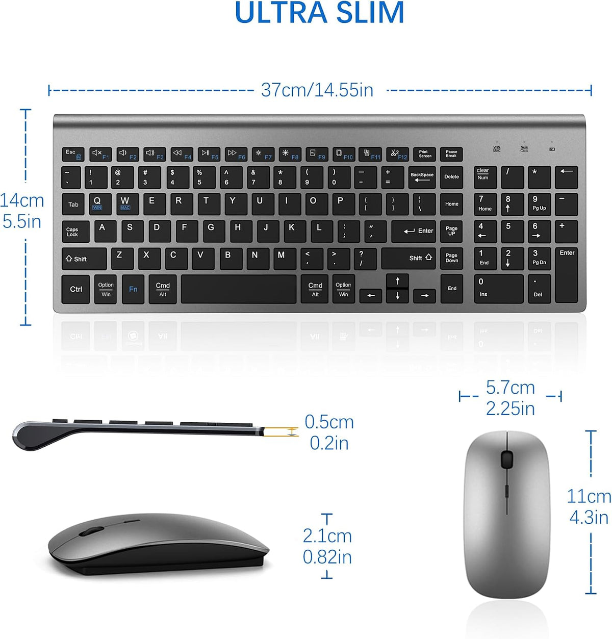Wireless Keyboard and Mouse Ultra Slim Combo with Dual System - Gray Black