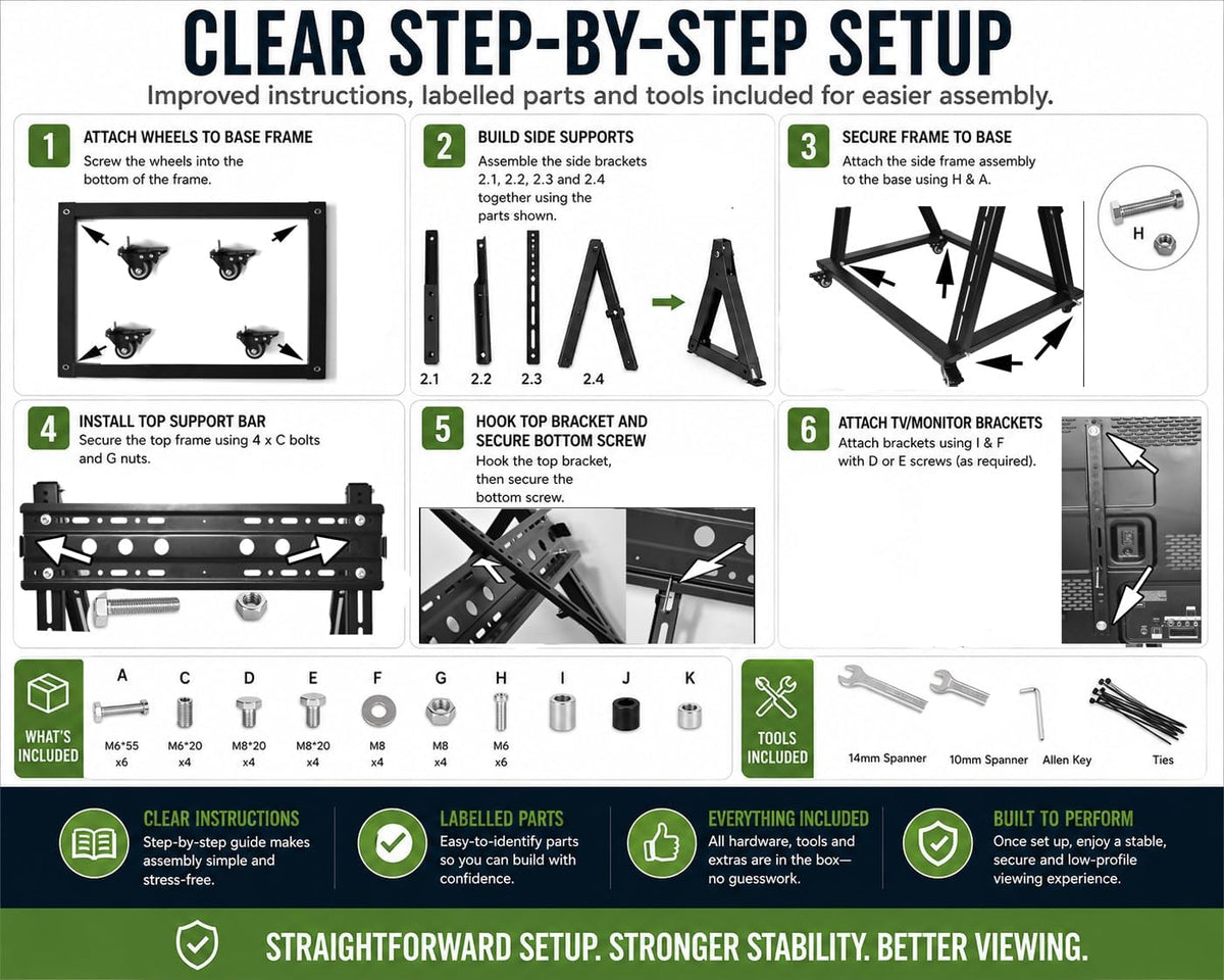 Low Height Mobile TV Stand with Wheels, Confidence Monitor Stand for 26-65 Inch TVs, Heavy Duty Rolling Floor TV Cart, VESA 200x200 to 600x600, 30° Tilt, Cable Ties Included
