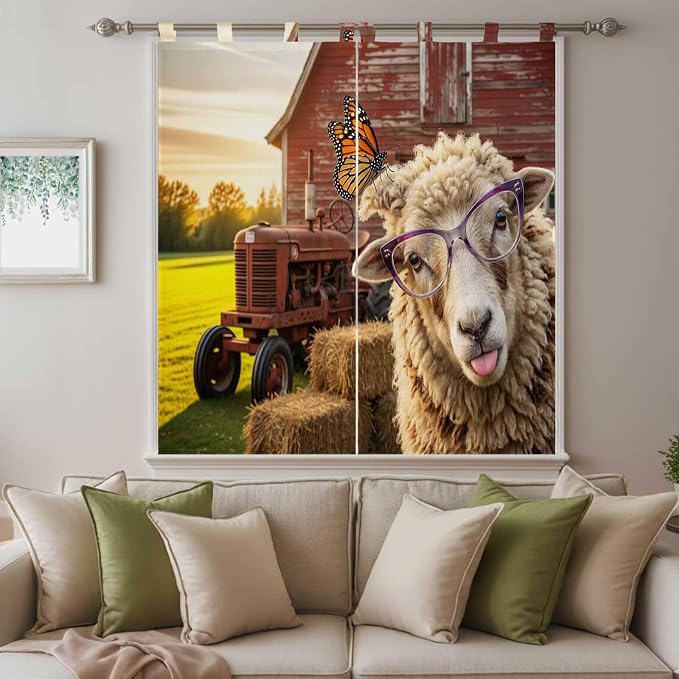 Farm Sheep Bedroom Curtains 72 Inch Length, Window Curtains Tab Top, Farmhouse