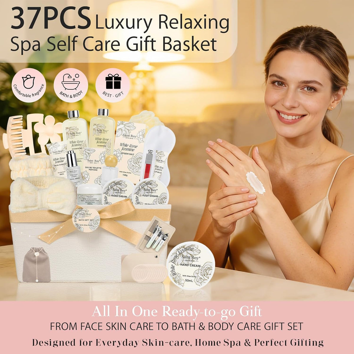37Pcs Rose Jasmine Bath and Body Gift Basket, Facial Skin Care Set, Spa Kit
