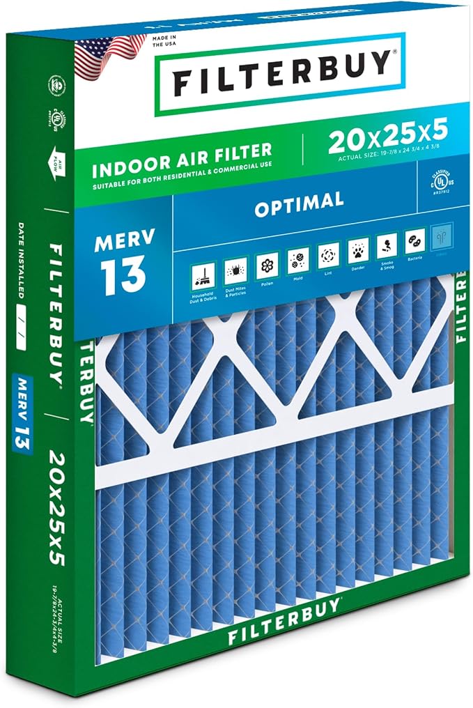 Filterbuy 20x25x5 Air Filter MERV 13 Optimal Smoke & Allergy Defense, Pleated