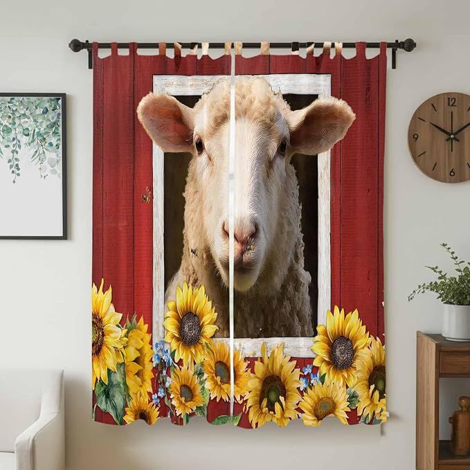 Sheep Sunflower Living Room Curtains 96 Inch Length, Window Curtains Tab Top