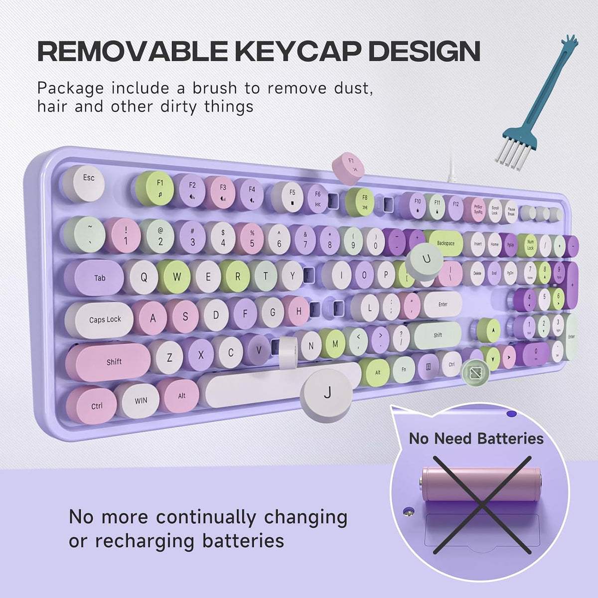 Dilter Wired Keyboard, 104 Keys Full-Sized Typewriter Keyboards, USB Office Keyboard with Number Pad, Caps Indicators, Foldable Stands for Windows, PC, Laptop, Desktop (Purple Colorful)