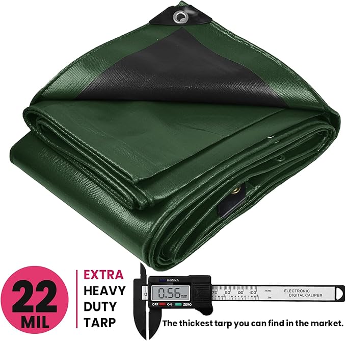 PROTARP Extreme Heavy Duty 22 Mil Tarp Cover, Waterproof, UV Resistant, Rip and Tear Proof, Poly Tarpaulin with Reinforced Edges for Roof, Camping, Patio, Pool, Boat. (Green/Black 24′ X 64′)