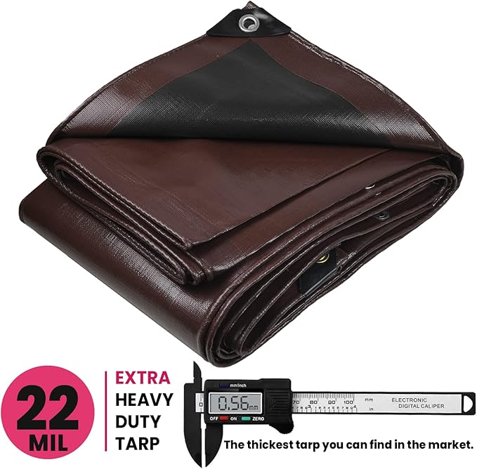 PROTARP Extreme Heavy Duty 22 Mil Tarp Cover, Waterproof, UV Resistant, Rip and Tear Proof, Poly Tarpaulin with Reinforced Edges for Roof, Camping, Patio, Pool, Boat. (Brown/Black 12′ X 12′)