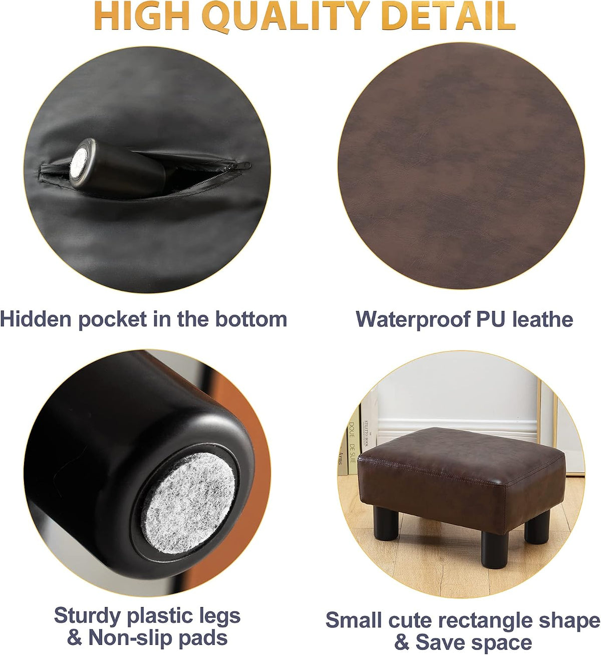 LUE BONA Small Rectangle Foot Stool, PU Leather Fabric Footrest Ottoman with Non-Skid Plastic Legs, Modern Rectangle Footrest Small Step Stool Ottoman for Couch, Desk, Office, Living Room, Brown