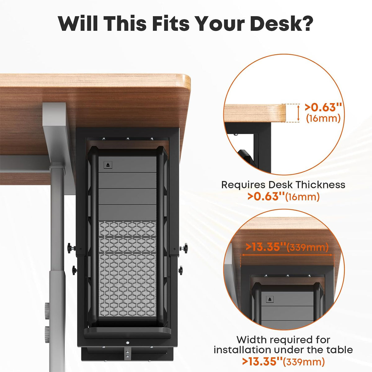 Heavy Duty Under Desk PC Mount, Height Adjustable, Max Load 66 lbs, Black