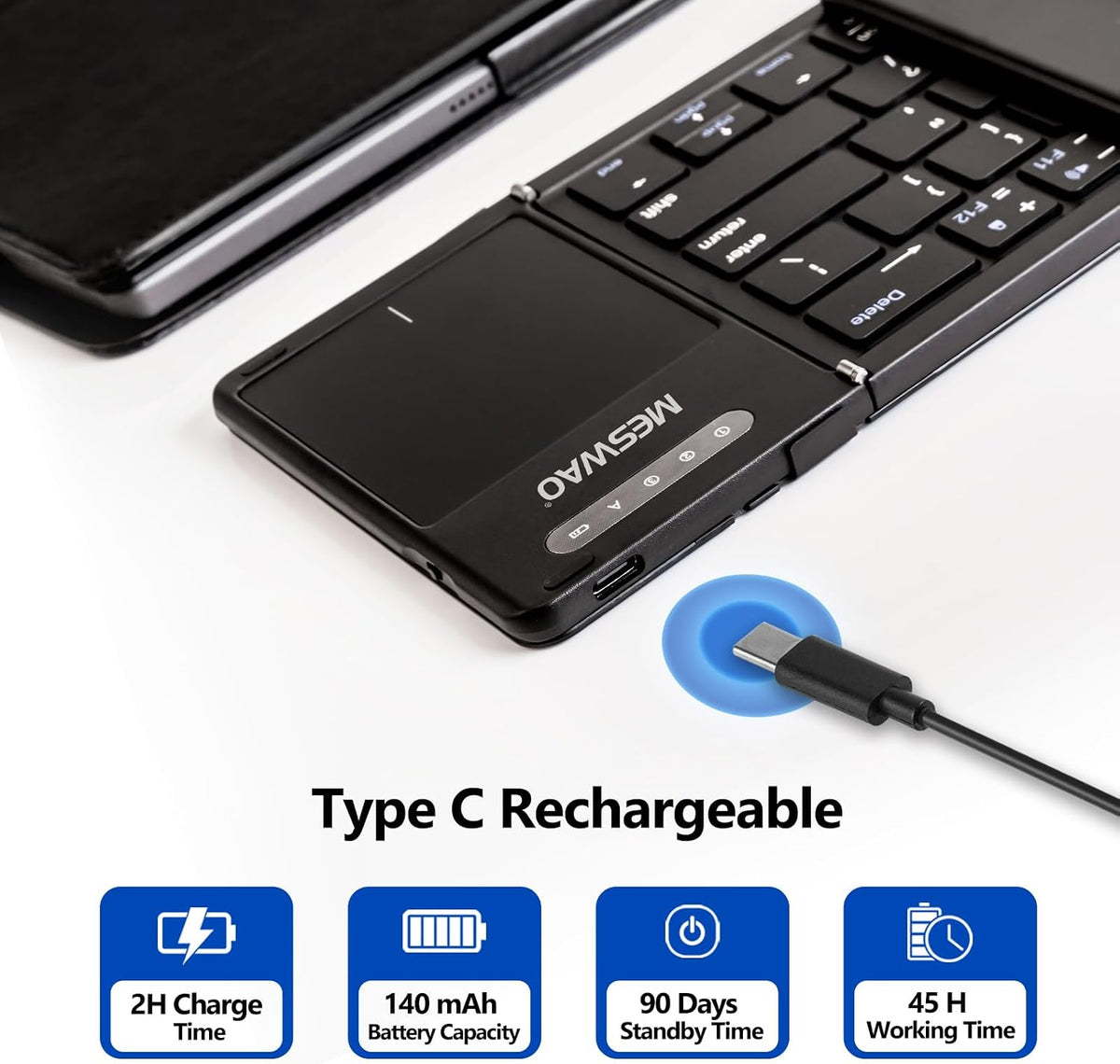 MESWAO Foldable Bluetooth Keyboard with Touchpad, Wireless Folding Keyboards with PU Leather (Sync up to 3 Devices), Full-Size Portable Keyboard for Android/Windows/iOS