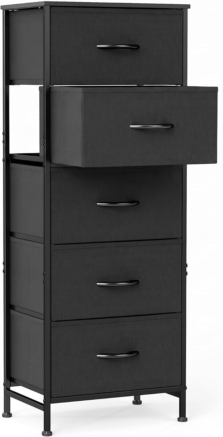 OLIXIS Tall 5 Drawer Fabric Dresser Storage Tower Bedroom Organizer, Black