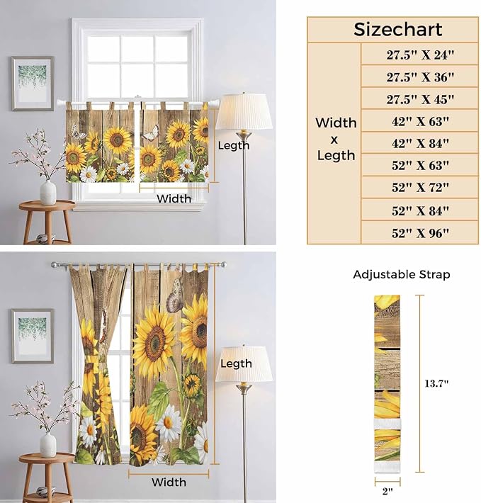 Farmhouse Sunflowers Living Room Curtains 84 Inch Length, Window Curtains Tab