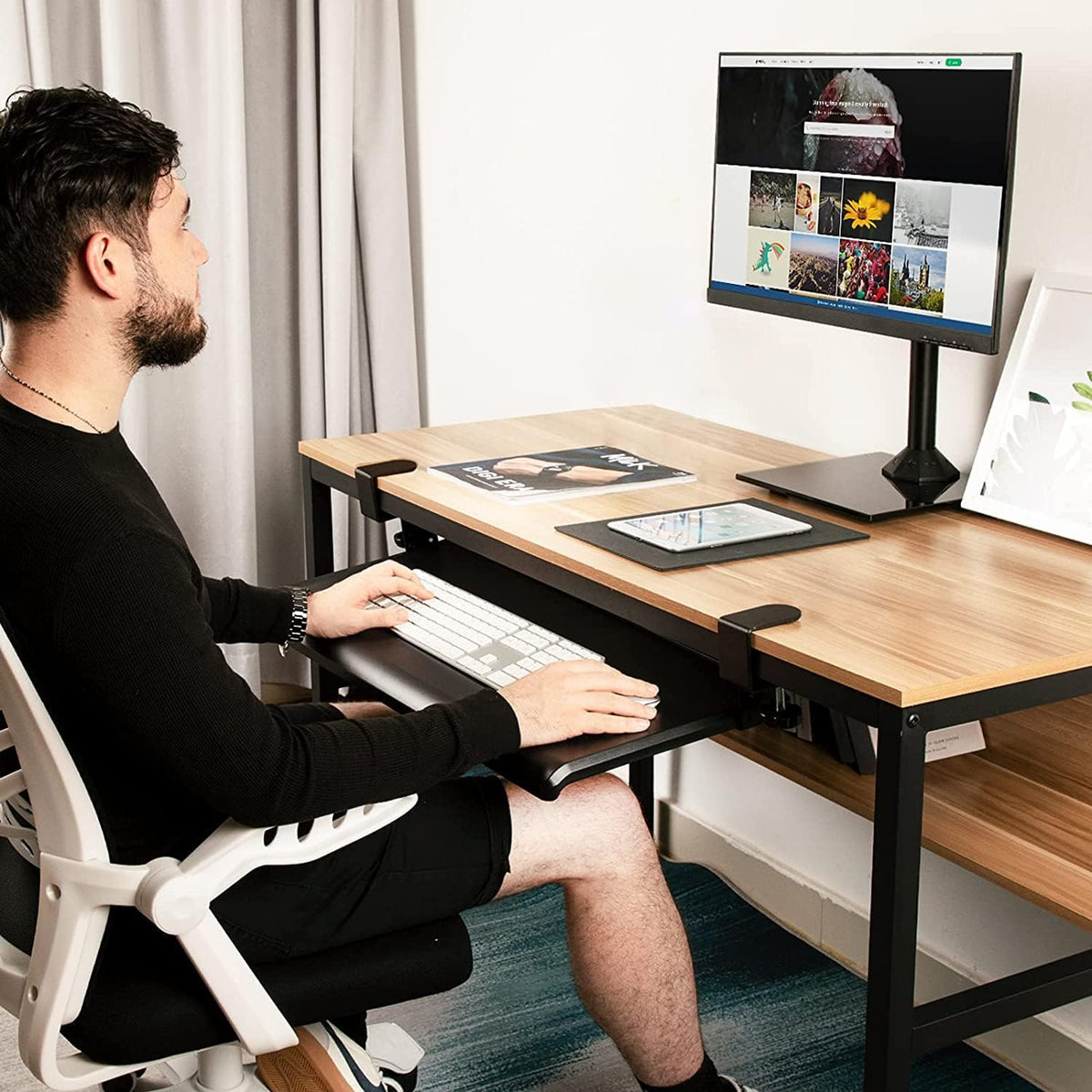 HUANUO Keyboard Tray Under Desk with C Clamp-Large Size, Steady Slide Keyboard Stand, No Screw into Desk, Perfect for Home or Office