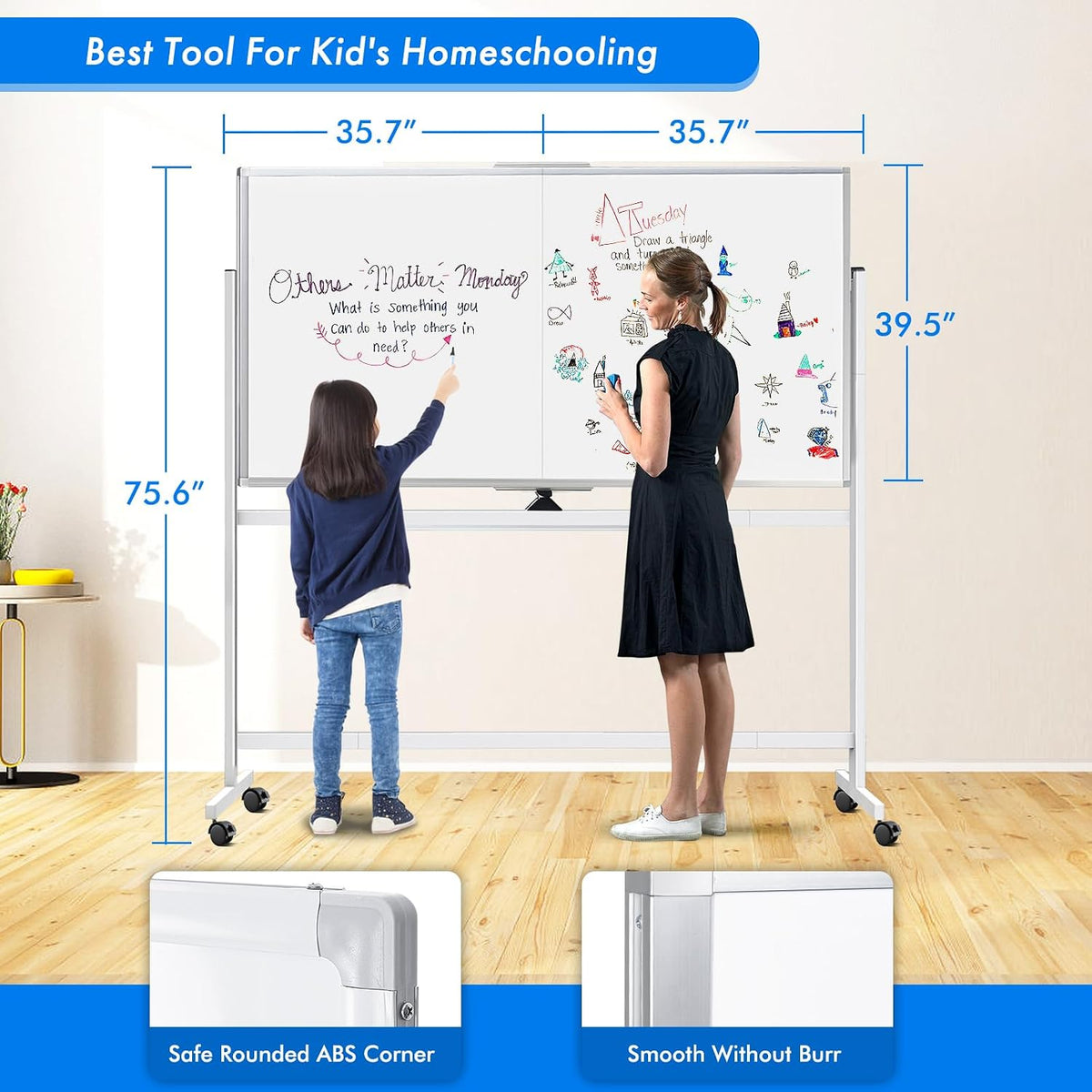 Maxtek Rolling Whiteboard 72 x 40 in, Large Double-Sided Magnetic Standing