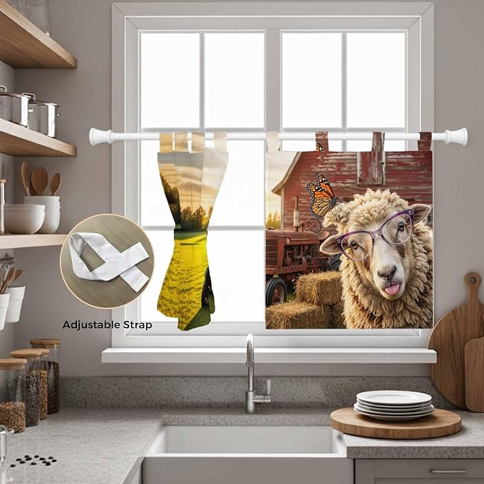 Farm Sheep Kitchen Curtains 36 Inch Length, Small Window Curtains Tab Top