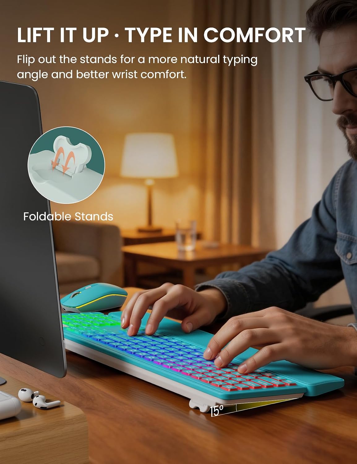 Wireless Keyboard and Mouse Combo, RGB Backlit, Wirst Rest, Rechargeable