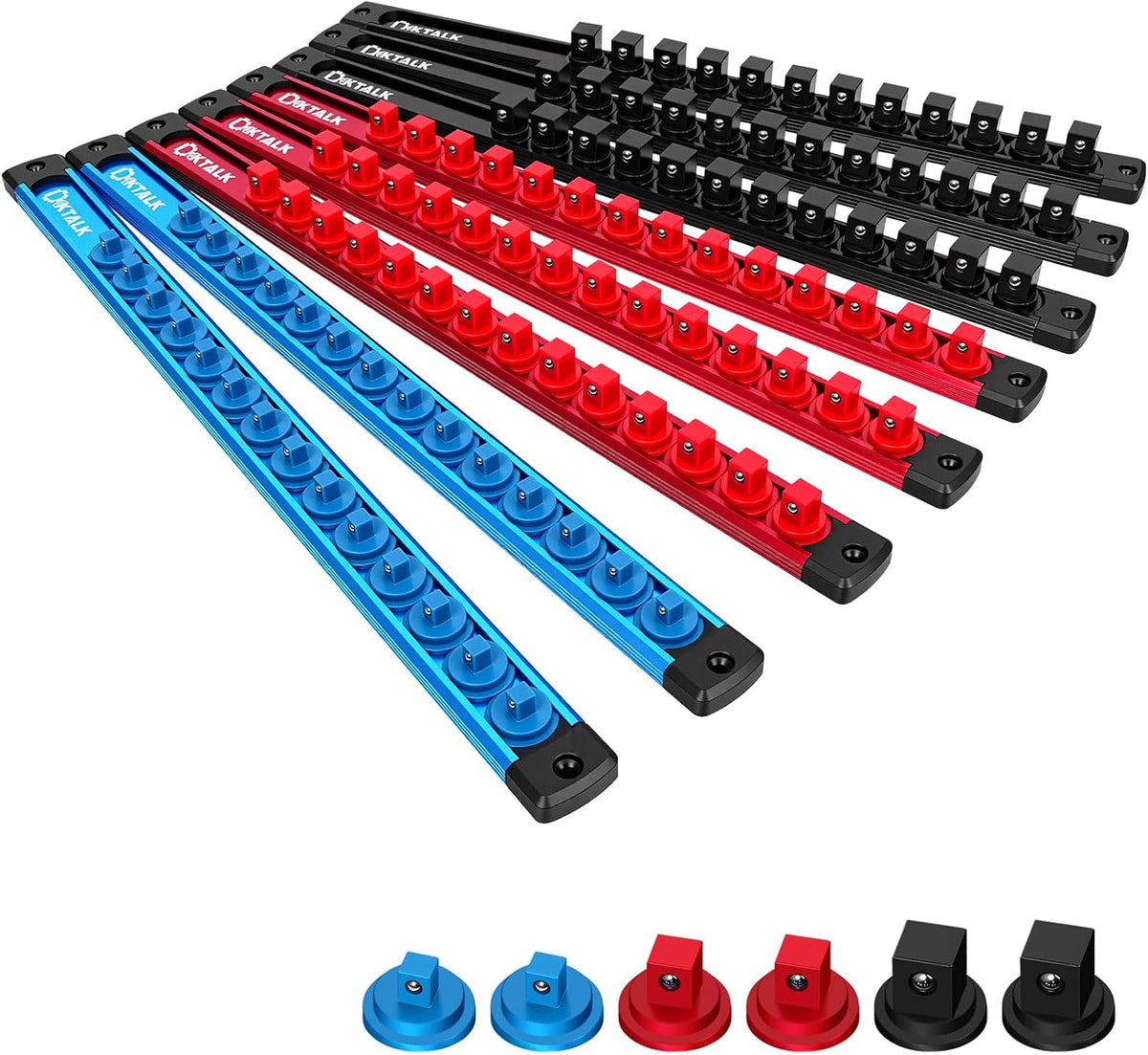 8PC Magnetic Socket Organizer Set, for 1/2″ 3/8″ 1/4″ Drive with 3 Black 3 Red 2 Blue Trays, 360° Swivel Removable Clips, Heavy Duty Aluminum Alloy Rail for Tool Box Drawer