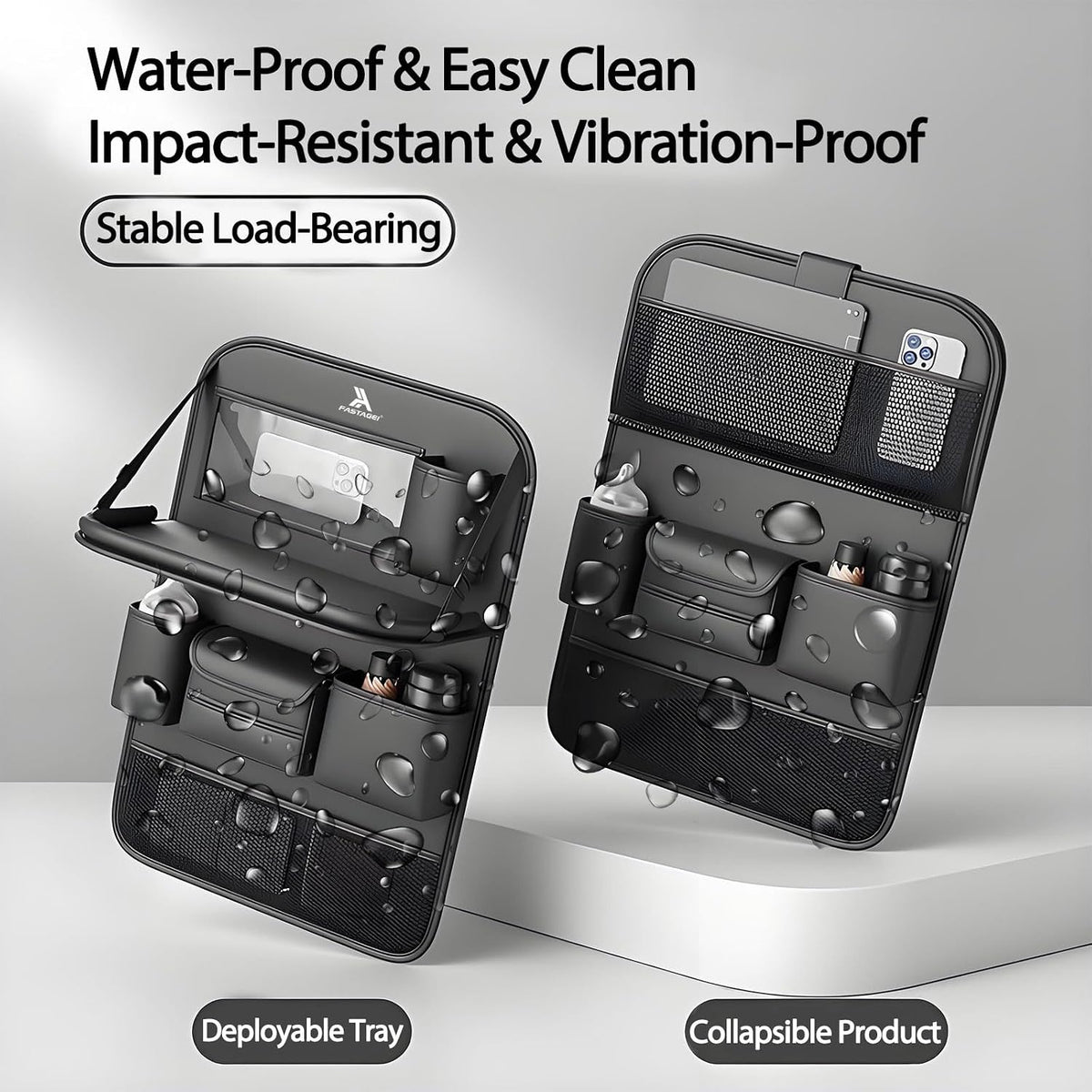 2 Pack Universal Foldable Car Backseat Organizer with Table Tray, Car Seat Back Protector with Touch Screen Phone Holder, Premium Leather Kick Mats with Storage Pockets Tissue Box (Black)
