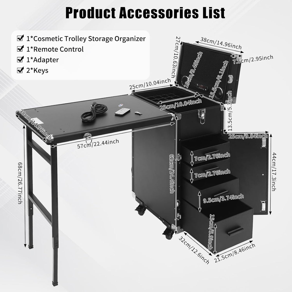 Nail Desk Mobile Station Rolling Makeup Train Case, Foldable Nail Table Manicure Table With Speaker Portable Nails Table Travel Cosmetic Trolley Storage Organizer