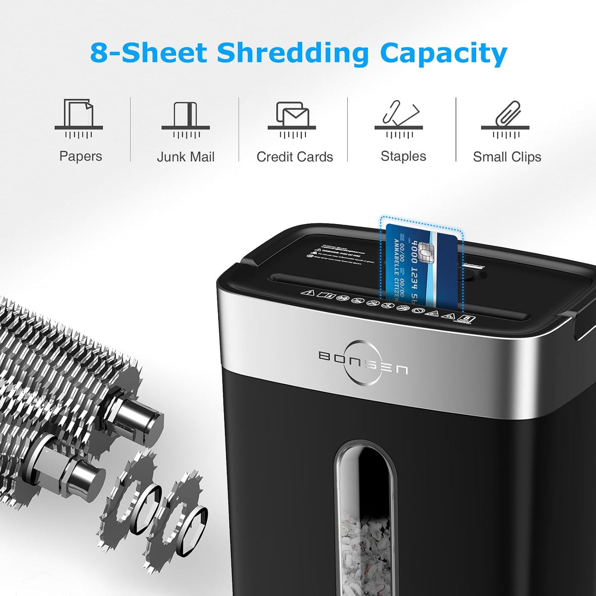 BONSEN Shredder for Home Office, 4 Gallons 8-Sheet Cross Cut Credit Card Shredder, Small Paper Shredder for Home Use, High Security Level P-4, ETL Certification (S3101)