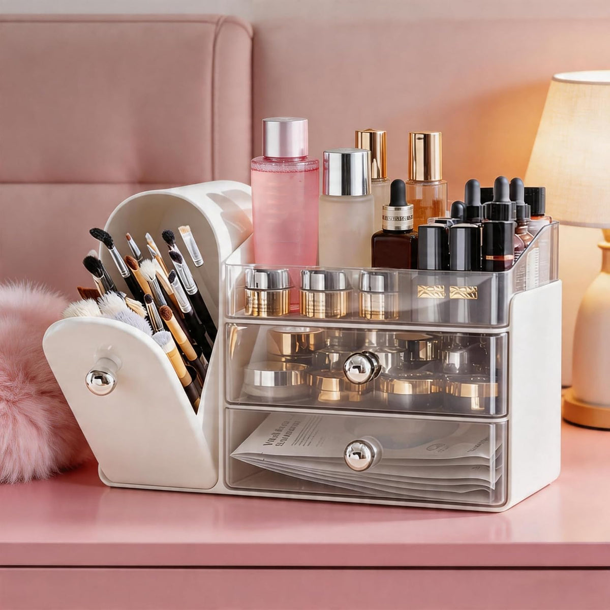 Makeup Organizer with Makeup Brush Holder, 2 Drawer, White