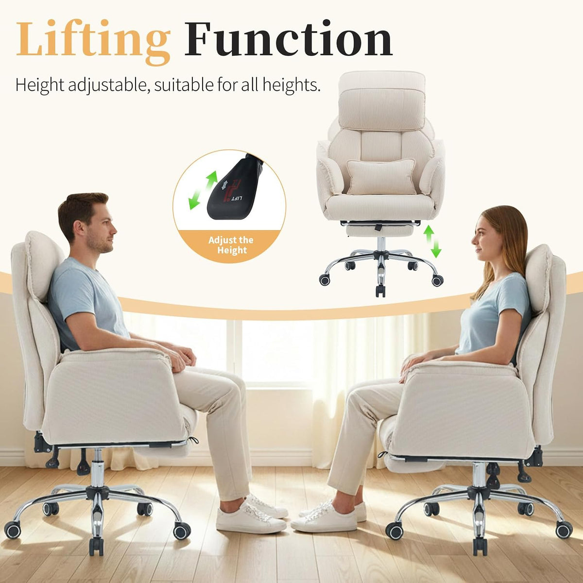 Criss Cross Office Chair with Footrest - 5-Gear Flat Armrests Corduroy Desk Chair, Reclining Wide Ergonomic Computer Chair with Lumbar Pillow, High Back Swivel Vanity Chair