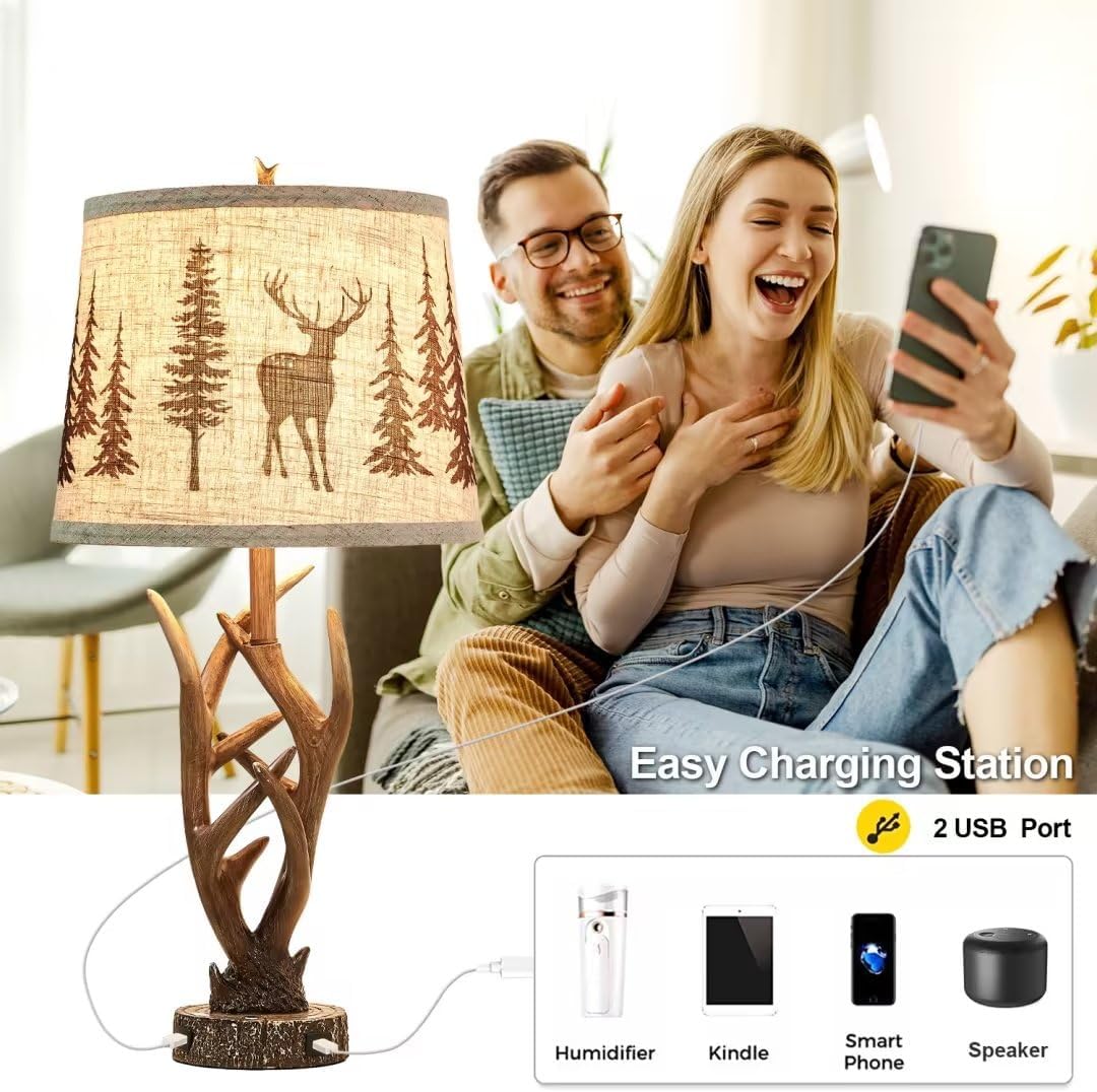 Dungoo 26" Rustic Antler 3-Way Dimmable Table Lamp Set of 2 with 2 USB Port