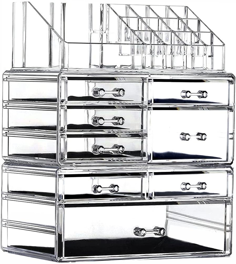 Cq acrylic 3 Pack Clear Makeup Organizer Countertop,Stackable 8 Drawers Skincare Organizer,Cute Skin Care Organizer for Vanity Hair Clip,Jewelry,Beauty Product Desk and Make Up Organizers for Vanity