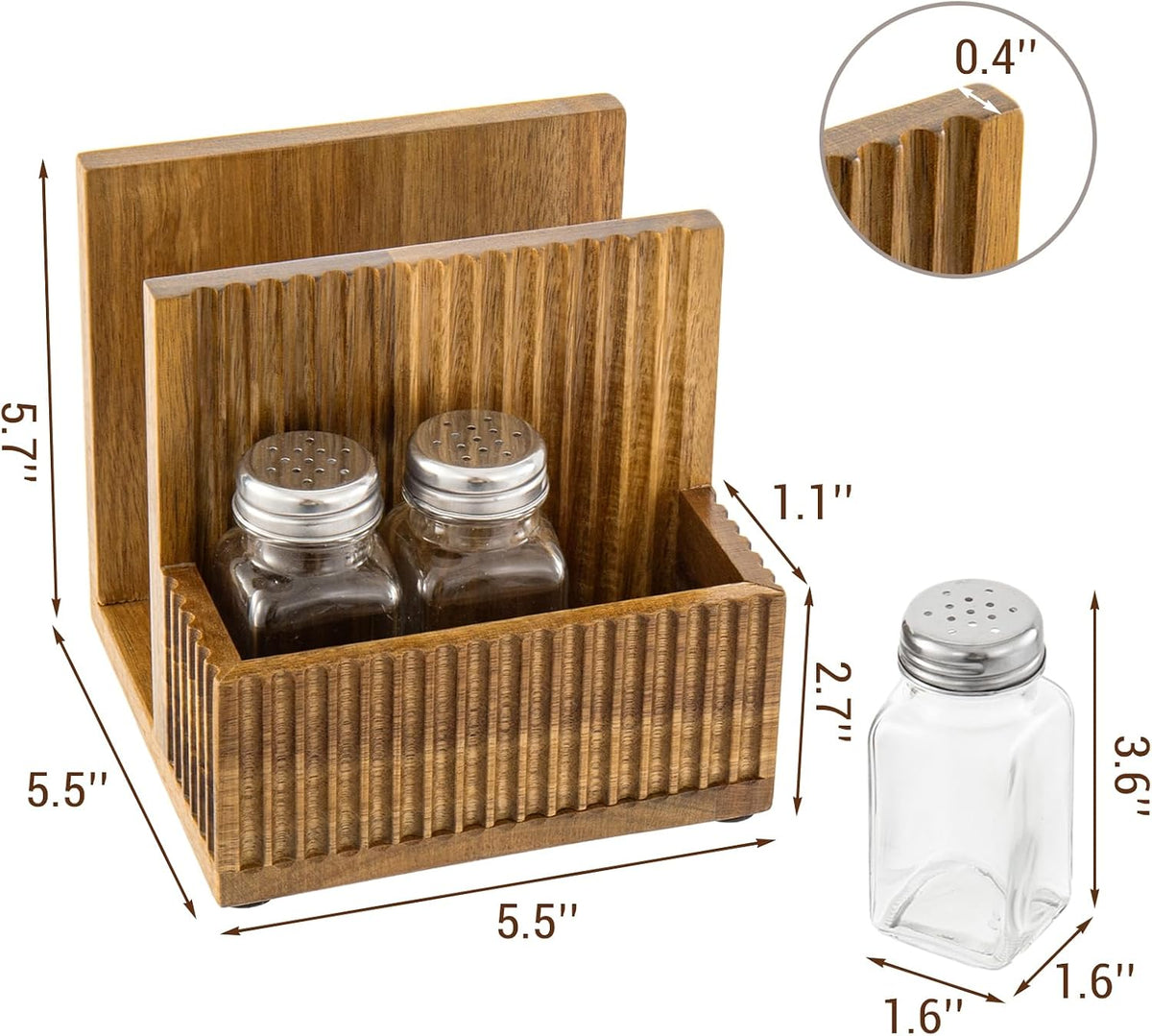 MyGift 4-Piece Fluted Acacia Wood Dining Table Organizer Set – Napkin Holder, Salt and Pepper Shakers and Condiment Caddy, Rustic Kitchen Table Decor