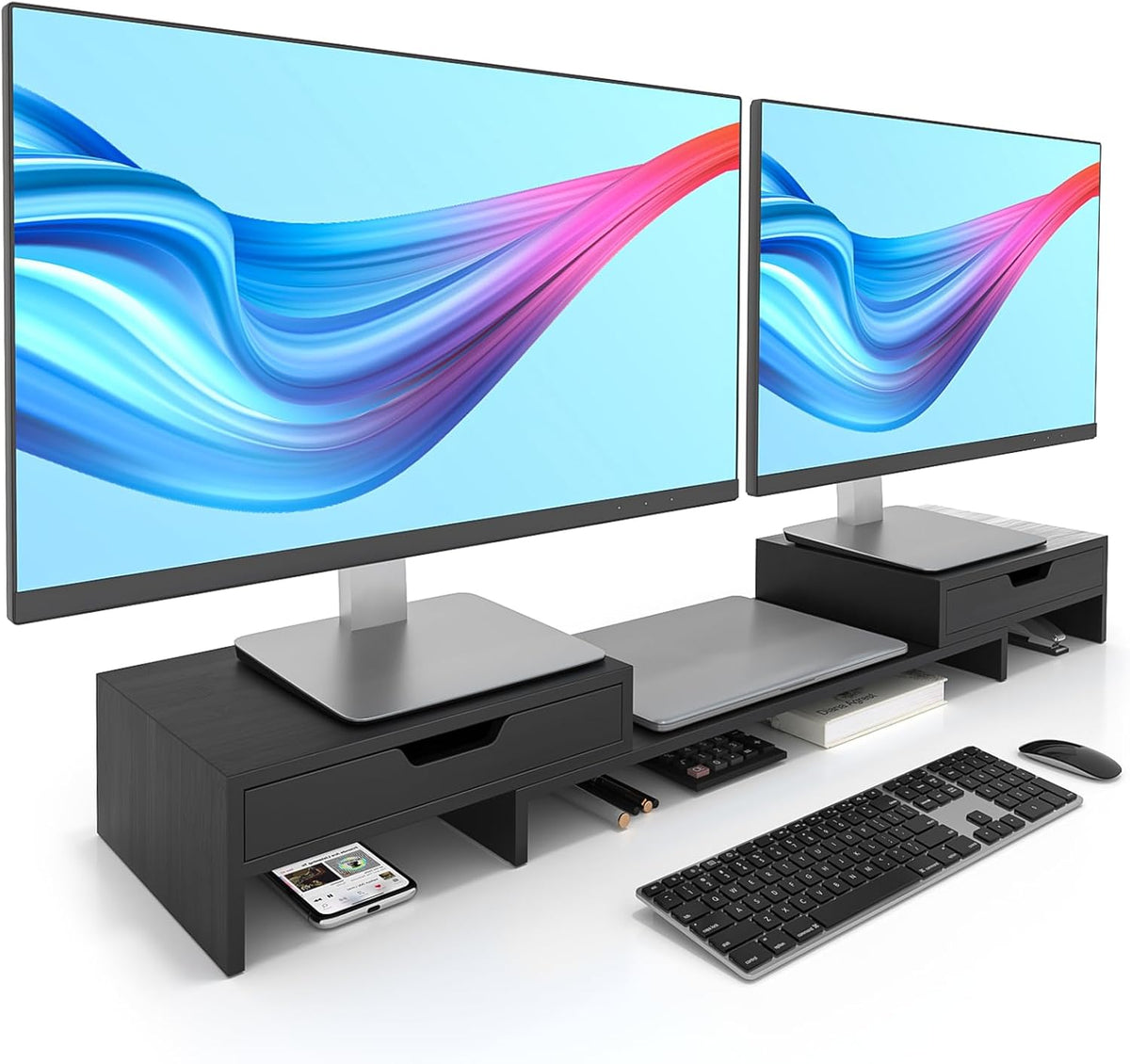 Epesoware Dual Monitor Riser with Two Drawer for Desk, No Assembly Required