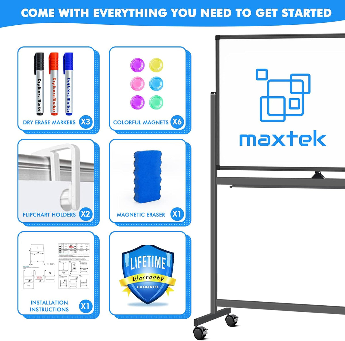 Maxtek Rolling White Board on Wheels 48x32 in, Double-Sided Magnetic Black
