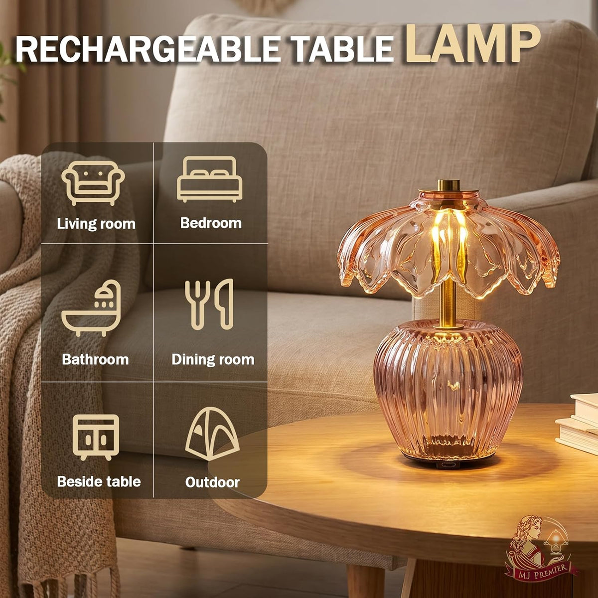 MJ PREMIER Rechargeable Table Lamp, Small Cordless Lamp with Timer, Pink