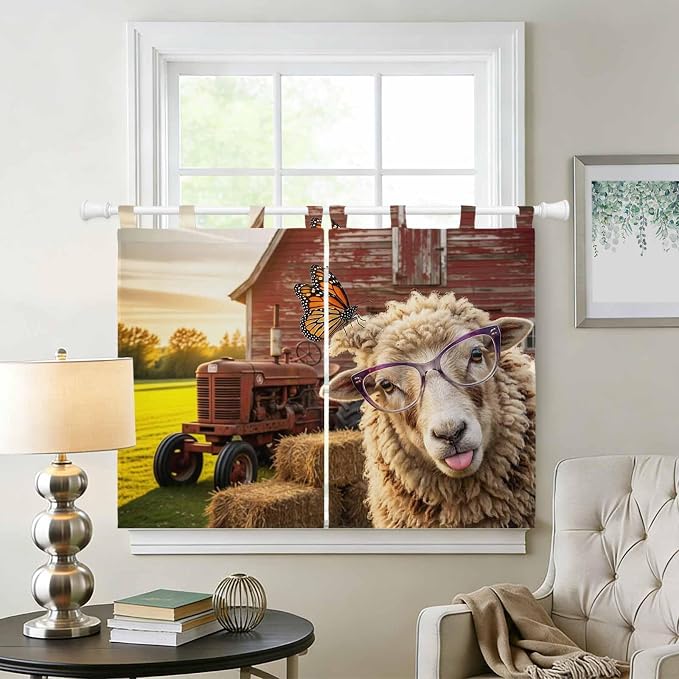 Farm Sheep Kitchen Curtains 45 Inch Length, Short Cafe Window Curtains Tab Top