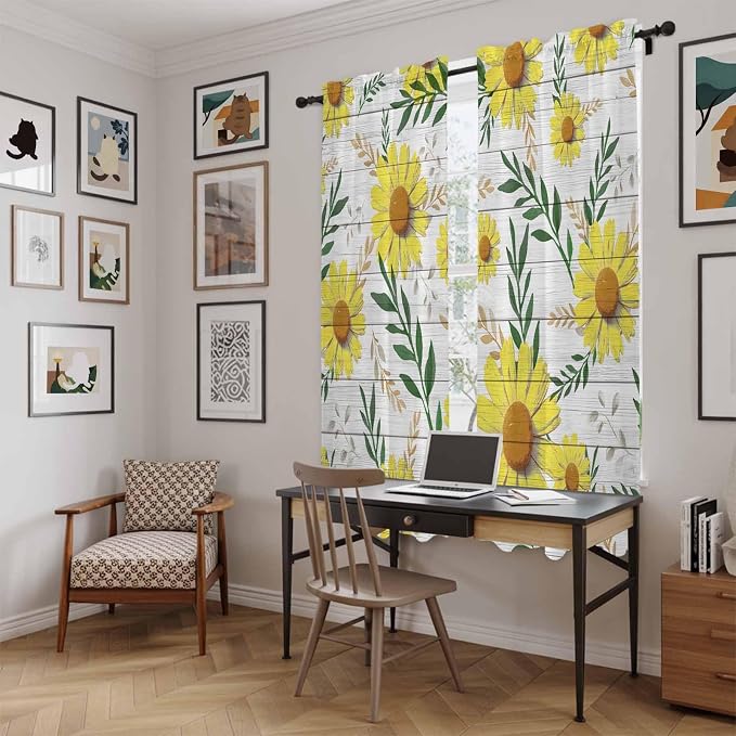 Yellow Daisy Kitchen Curtains, Farmhouse Country Flower Leaf Plant Wood Grain