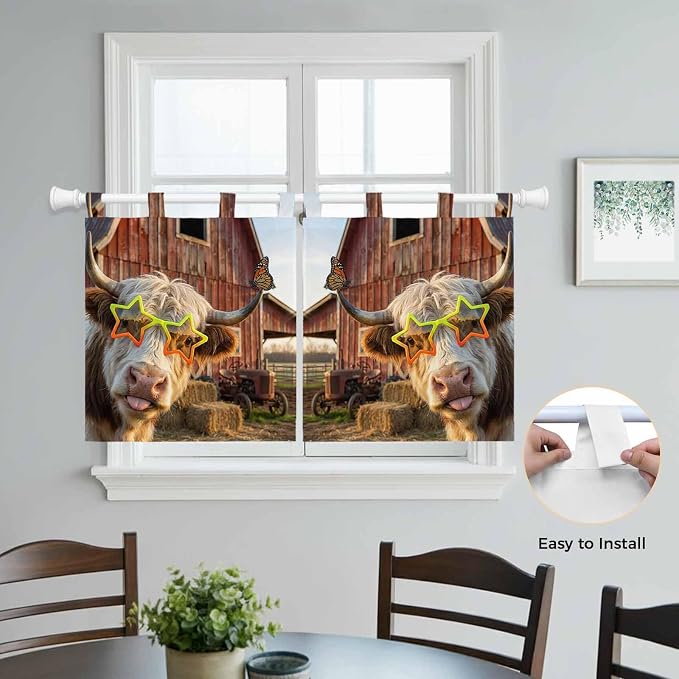 Farm Yaks Kitchen Curtains 24 Inch Length, Small Window Curtains Tab Top