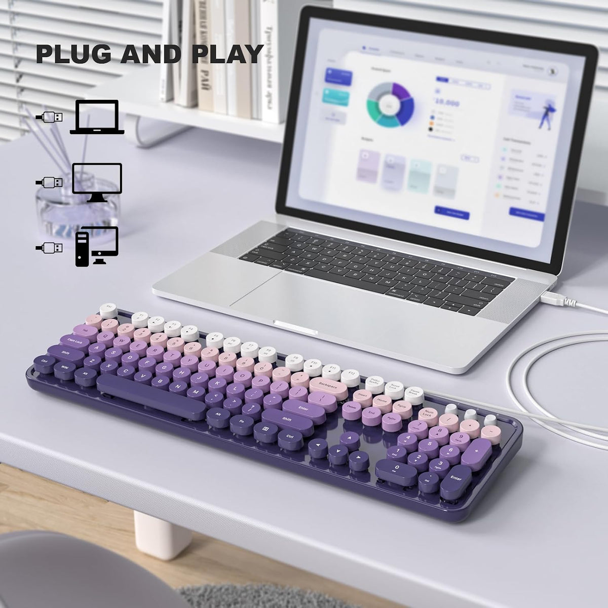 Wired Retro Keyboard, 104 Keys Full-Sized Typewriter Keyboards, Office Keyboard with Number Pad, Foldable Stands for Windows, PC, Laptop, Desktop (Purple Gradient)
