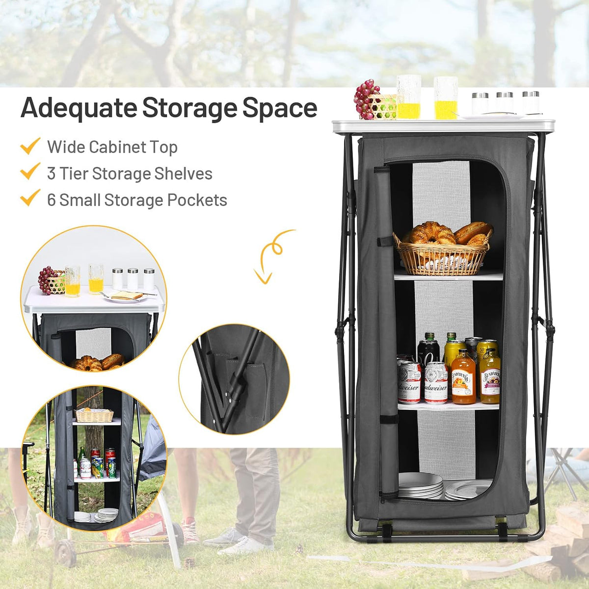 GIANTEX Folding Camping Storage Cabinet with 3 Shelves and Carry Bag, Portable Outdoor Organizer Kitchen Table, Quick Set-up for BBQ, Picnic, Backyard, Compact Pop-Up Cupboard, 47''H